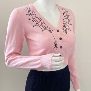 Dolls Kill Brand Widow Pink Cropped Cardigan w Spider Web Design Rockabilly Goth